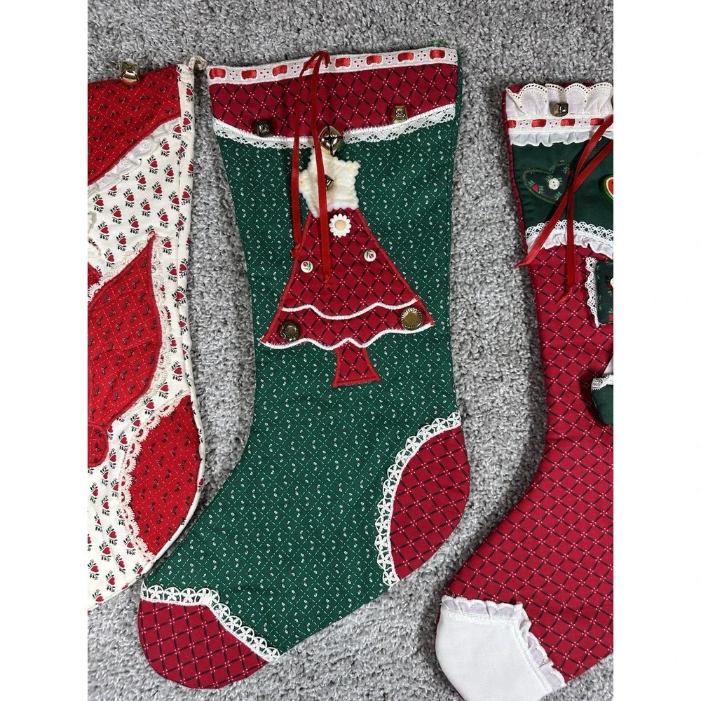 Vintage Handmade Quilted Christmas Stockings Lot of 4 Bells Lace Hearts‎